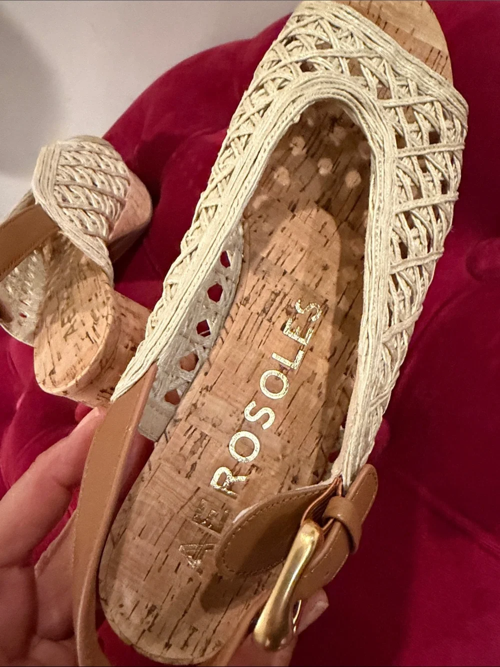 Aerosoles 10 Woven Slingback Cork Wedge Sandals - Beige